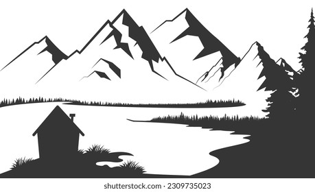 Mountain lake silhouette graphic art black white landscape illustration vector. Mountain and lake black and white illustration. Mountain vector illustration