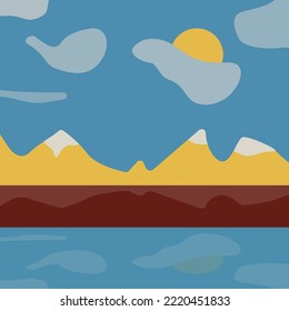 Mountain lake and snowy peaks. Vector abstract in minimalist style.