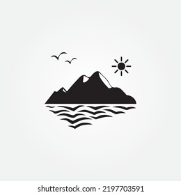 Montaña con imagen vectorial de lago, sol y aves