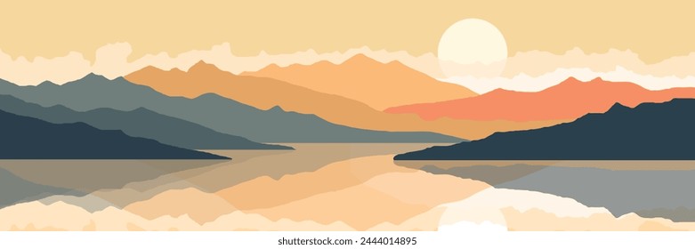 Mountain lake at sunrise, morning light and sun, vector illustration