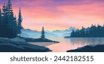 Mountain lake at sunset, dramatic sky, forest on slopes, vector illustration