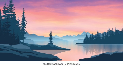 Mountain lake at sunset, dramatic sky, forest on slopes, vector illustration