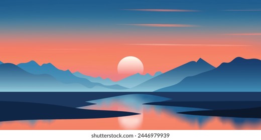 Mountain lake at sunset, dramatic sky, scenic reflection, vector illustration