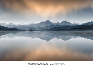 Mountain lake at sunset, dramatic sky, minimalist landscape, vector illustration