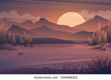 Berg- und Seeblick. Realistischer Baum in Wald- und Bergsilhouetten, abendliches Holzpanorama. Vektorgrafik, Naturhintergrund