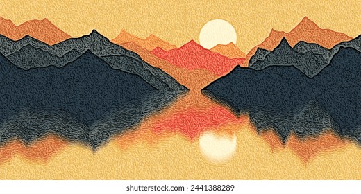 Mountain lake at sunset, scenic reflection, original texture, vector illustration