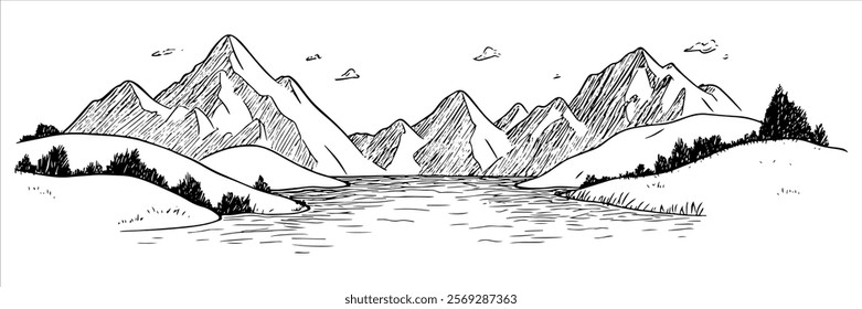 mountain lake surrounded by hills and peaks hand drawn doodle sketch