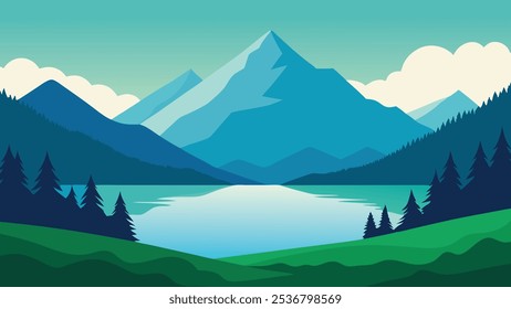 lago de montanha cercado por grama verde exuberante e montanhas majestosas no fundo vetor plano ilustração Natureza fundo