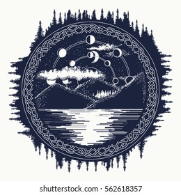 Mountain Lake Tattoo Art. Mystical Symbol Of Tourism, Camping, Travel.  Lunar Phases Over Mountain Lake T-shirt Design 