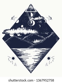 Mountain lake tattoo and t-shirt design. Mystical symbol of tourism, camping, travel and outdoor adventure. Lunar phases in night sky 