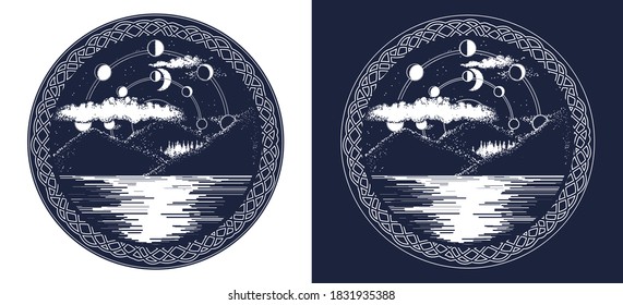 Mountain lake tattoo and t-shirt design. Mystical symbol of tourism, camping, travel. Black and white vector graphics 