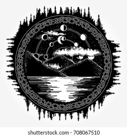 Mountain lake tattoo and t-shirt design. Mystical symbol of tourism, camping, travel 