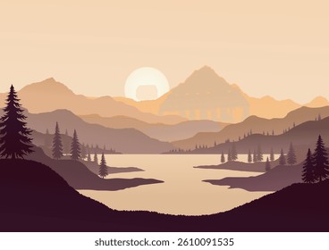 Mountain lake, the tranquility of the forest and the lake, warm gradients are the novelty of the work, vector illustrations for background design, creating report covers.