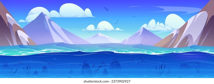 Mountain lake with underwater view. Vector cartoon illustration of blue water, bottom with weeds, stones and fish swimming, waves on surface, rocky landscape, birds flying in sunny sky, snowy peaks