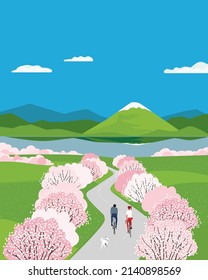 Mountain lake valley with blooming sakura landscape. Blooming cherry season outdoor activity vector poster. Springtime landscape background. Sport activities in sakura blossoms season illustration