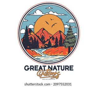 Mountain lake vector graphic print for apparel, sticker, batch, background, poster and others.