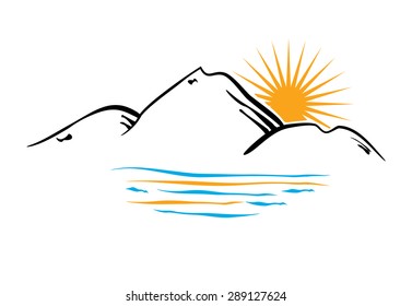 Mountain and lake vector icon isolated on white background - stylized image.