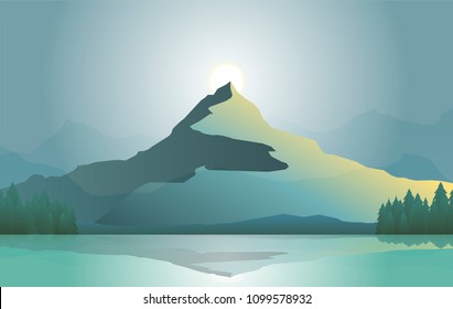 mountain and lake vector illustration, nature landscape