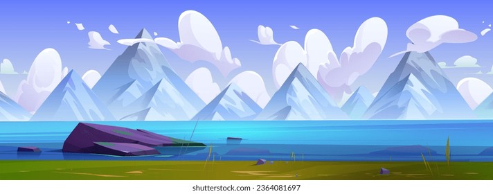 Mountain lake vector nature landscape background. Sea scenery and blue horizon cartoon. Beautiful travel panorama illustration. Green grass river shore valley. Abstract morning alps wallpaper
