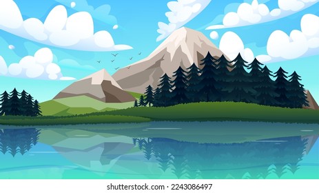 Mountain Lake View with Clear Water Reflection, Vector Wallpaper