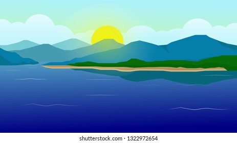 Mountain and lake view in the morning with sunrise and sky landscape in flat style vector illustration