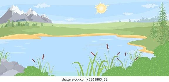 Bergsee-Sicht, Vektorgrafik. Schöner Naturhintergrund. Sommerlandschaft. Malerisches Tal-Panorama mit Fluss auf Grasland