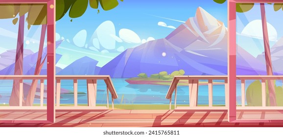 Mountain lake view from wooden terrace. Vector cartoon illustration of chalet house veranda with glass door, beautiful spring nature scenery with rocky peaks, green trees, clouds in blue sunny sky