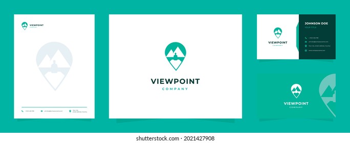 Diseño del logotipo Mountain and Lake Viewpoint con tarjeta de visita y membrete