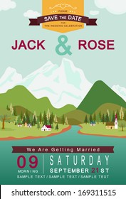 Mountain lake and village wedding invitation card template vector/illustration 