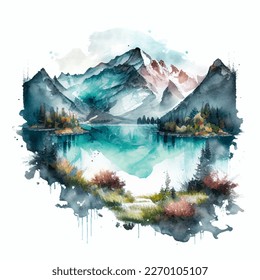 Mountain lake watercolor vector illustration, scenic nature landscape on white background. Adventure and travel mood art for cards and package design