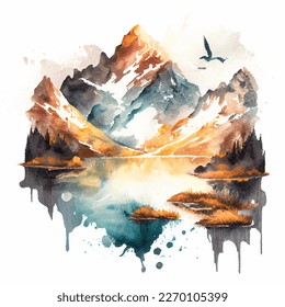 Mountain lake watercolor vector illustration, scenic nature landscape on white background. Adventure and travel mood art for cards and package design