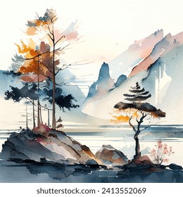 Mountain lake watercolor vector illustration, scenic nature landscape on white background. Adventure and travel mood art for cards and package design