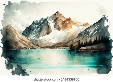 Mountain lake watercolor vector illustration, scenic nature landscape on white background. Adventure and travel mood art for cards and package design