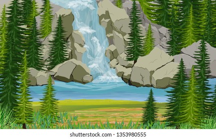 Mountain Lake. Waterfall, rocks and spruce trees. Wild nature of Europe, Scananavia, USA and Canada. Realistic Vector Landscape