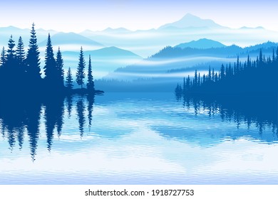 Mountain lake in which mountains and forest are reflected