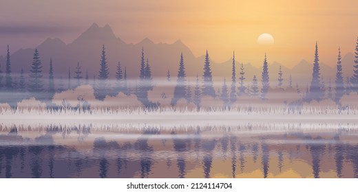 Mountain lake in which mountains and forest are reflected, morning light, the sun is rising