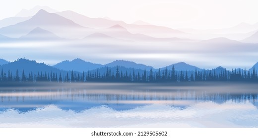 Lago de montaña en el que se reflejan montañas y bosques, luz matutina