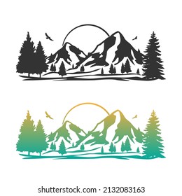 Mountain Landmark Illustration Clip Art Design Shape. Adventure Alpine Valley Silhouette Icon Vector.