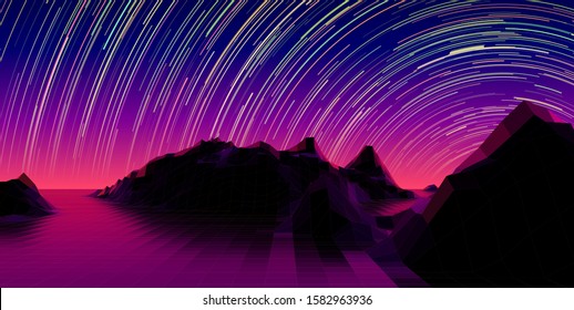 Mountain landscape with 80s styled synthwave polygonal grid and star trail over the purple horizon