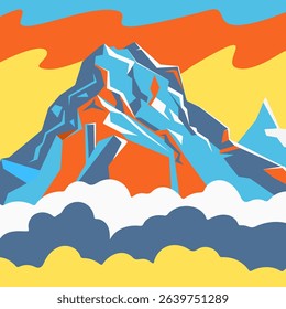 Mountain Landscape, Abstract flat color vector illustration. Background for art print or banner design template. Hiking Decor. Modern Mountain Art.