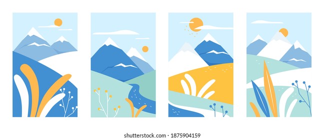 Mountain landscape, abstract nature vector illustration set. Cartoon geometric mountainous scenery, collection of coloful simple minimalist landscape design with triangular mountains, hills and plants