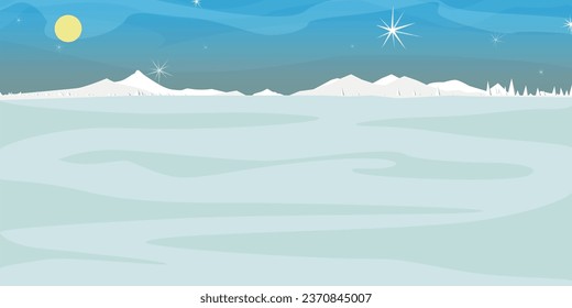 Mountain landscape, abstract winter panoramic view. Snowy mountainside forest background. View of rock or volcano covered with snow. Beautiful scenery of winter mountains vector illustration