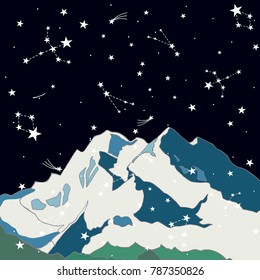 Mountain landscape against the background of the starry sky. Vector.