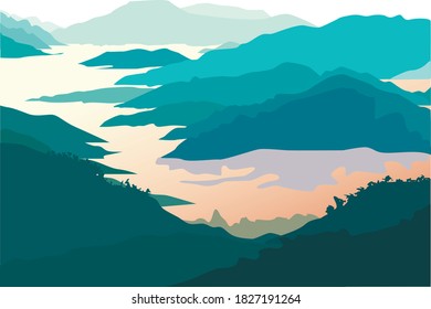 

mountain landscape along the river in flat style