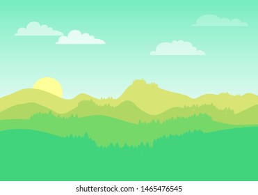 Mountain landscape with alpine meadows. Mountains with beautiful natural trees and beautiful sky with clouds. Vector illustration.