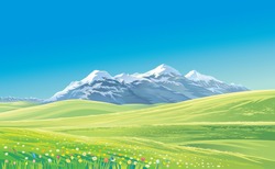 Horská Krajina S Alpskými Loukami, Vektorová Ilustrace.