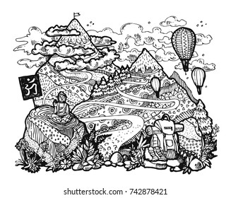 Mountain landscape antistress coloring book for adult people. Hand drawn illustration.