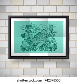 Mountain landscape antistress coloring book for adult people. Hand drawn illustration.
