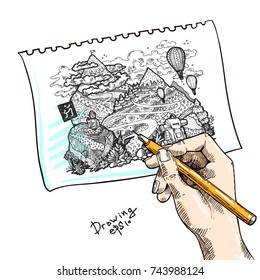 Mountain landscape antistress coloring book for adult people. Hand drawn illustration.