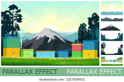 Mountain landscape with an apiary. Beehives in meadow. set of slides create parallax image layer. Cartoon style. Isolated on white background. Vector.